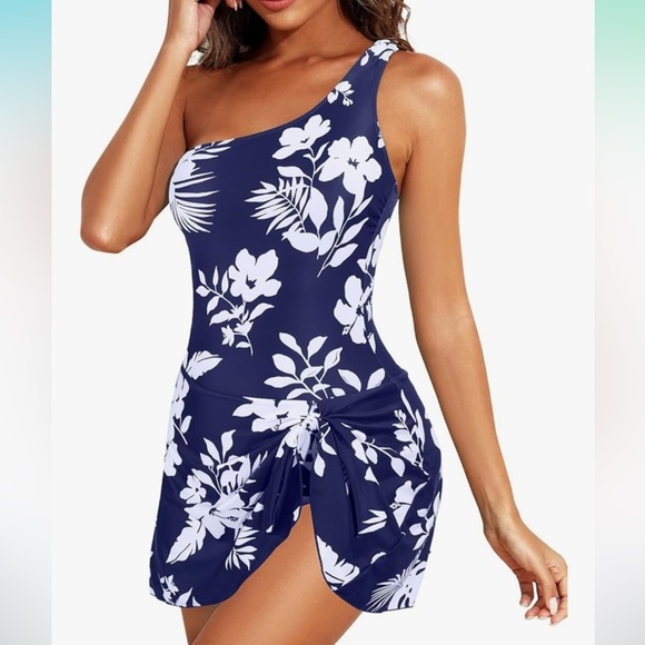 NWT Navy Blue and White Floral One Piece Swimsuit Dress XXL Tummy Control - Picture 5 of 10